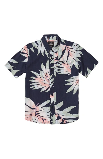 Volcom Kids' Seeweed Frond Print Short Sleeve Camp Shirt In Navy