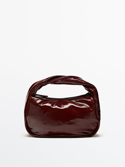 Shop Massimo Dutti Leather Bucket Bag With A Crackled Finish In Burgundy
