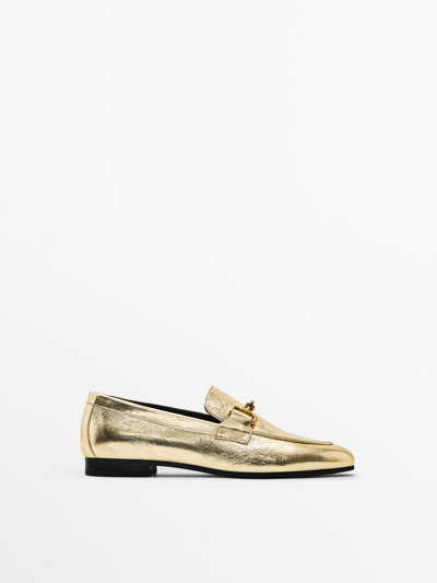 Shop Massimo Dutti Crackled Leather Loafers With Buckle In Gold