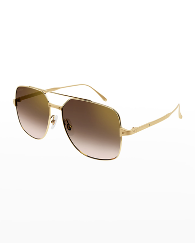 Shop Cartier Rectangle Metal Aviator Sunglasses In Golden / Brown