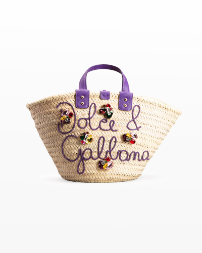 Shop Dolce & Gabbana Kendra Small Jewel Straw Tote Bag In Viola Multi