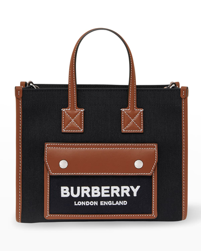 Shop Burberry Freya Canvas & Leather Tote Bag In Black/tan
