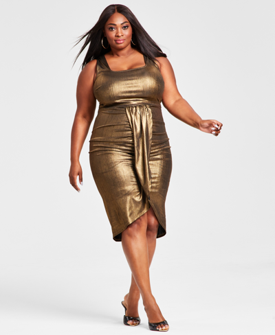 Shop Nina Parker Plus Size Metallic Scoop-neck Faux-wrap Midi Dress, Created For Macy's In Gold