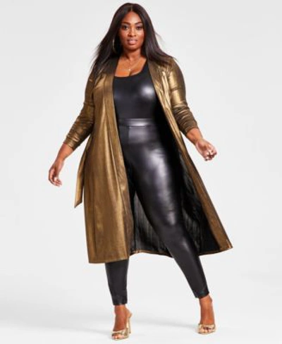 Shop Nina Parker Trendy Plus Size Metallic Duster Faux Leather Bodysuit Faux Leather Leggings Created For Macys In Black