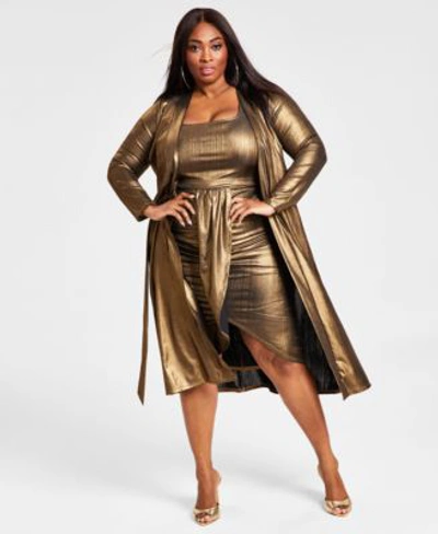 Shop Nina Parker Trendy Plus Size Metallic Gold Duster Scoop Neck Faux Wrap Midi Dress Created For Macys