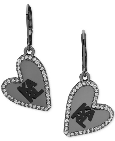 Shop Karl Lagerfeld Hematite-tone Pave Logo Heart Drop Earrings In Black
