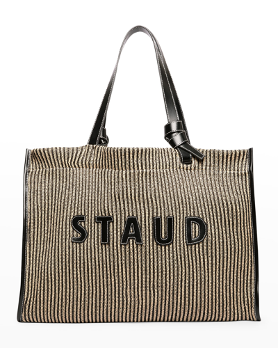 Shop Staud Cleo Striped Raffia Tote Bag In Black Stripe