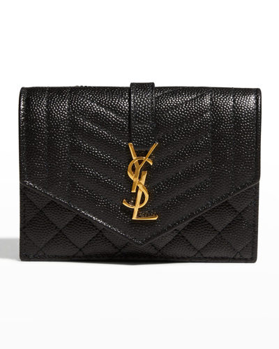 Shop Saint Laurent Envelope Small Ysl Flap Wallet In Grained Leather In Nero