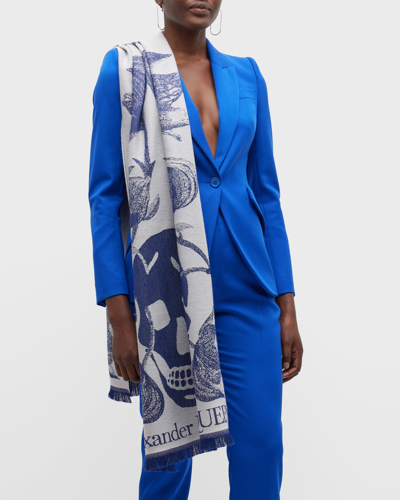 Shop Alexander Mcqueen Oversized Skull Flower Wool Scarf In Ice Blue