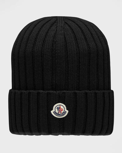 Shop Moncler Wool Ribbed Beanie In Black
