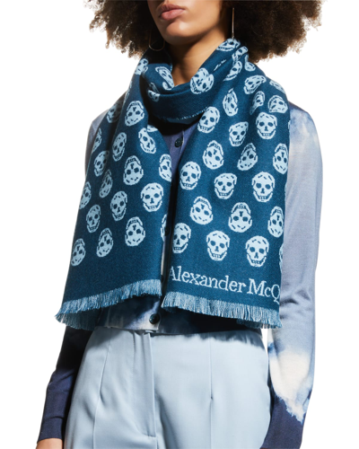Shop Alexander Mcqueen Reversible Skull-print Wool Scarf In Orange / Red