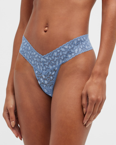 Shop Hanky Panky Cross-dyed Leopard Low-rise Lace Thong In Stonewash Blue