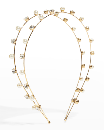 Shop Jennifer Behr Double Wire Pearly Crystal Headband In Antique Gold