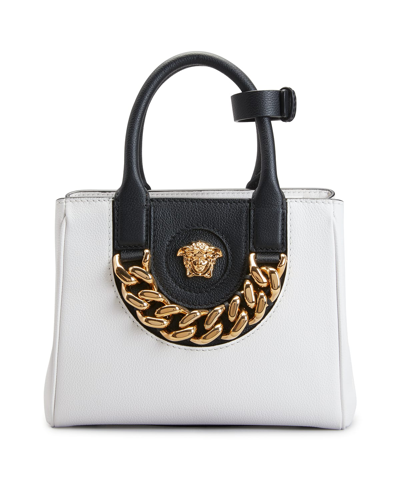 Shop Versace La Medusa Small Chain Tote Bag In White/black