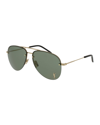 Shop Saint Laurent Classic 11 Monochromatic Aviator Sunglasses In Gold / Green