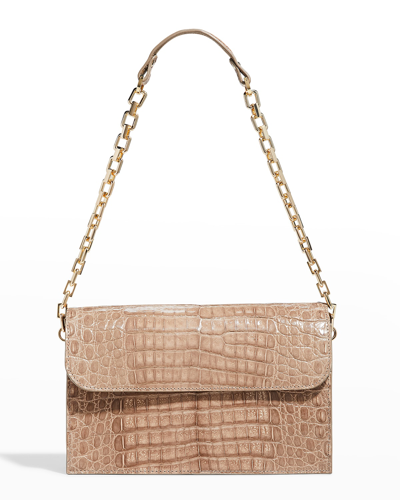 Shop Maria Oliver Isabella Shiny Crocodile Shoulder Bag In Almond