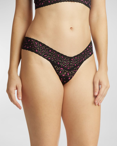 Shop Hanky Panky Cross-dyed Leopard Low-rise Lace Thong In Black Pink Leo