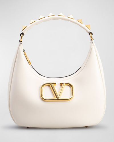 Shop Valentino Vlogo Roman Stud Zip Calfskin Hobo Bag In Light Ivory