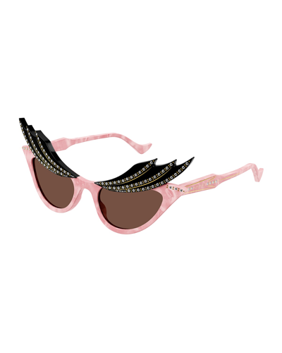 Shop Gucci Crystal Acetate Butterfly Sunglasses In Shiny Pink