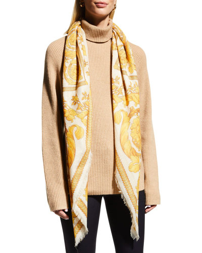Shop Versace Barocco-print Wool-blend Scarf In White / Gold