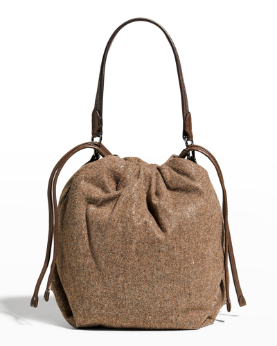 Shop Brunello Cucinelli Small Monili Metallic Wool Bucket Bag In Warm Gold
