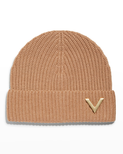 Shop Valentino Logo Ribbed Cashmere Beanie In Brown
