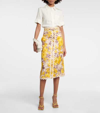 Shop Zimmermann High Tide Linen Midi Skirt In Yellow Ikat Floral
