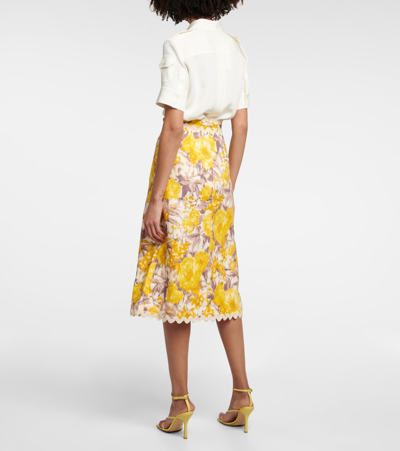 Shop Zimmermann High Tide Linen Midi Skirt In Yellow Ikat Floral