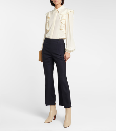 Shop Chloé High-rise Cropped Flared Wool Pants In Blue