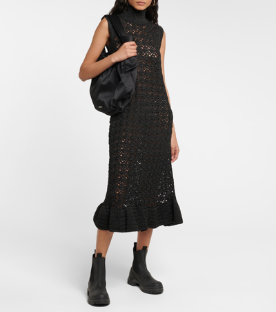 Shop Ganni Metallic Knit Turtleneck Midi Dress In Black
