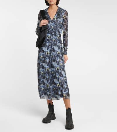 Shop Ganni Floral Mesh Wrap Midi Dress In Brunnera Blue