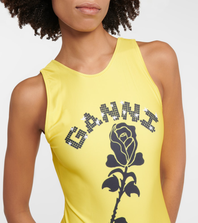 Shop Ganni Logo Printed Swimsuit In Golden Kiwi
