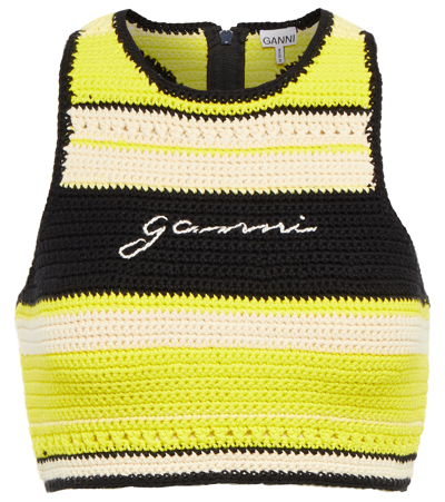 Shop Ganni Striped Crochet Crop Top In Golden Kiwi