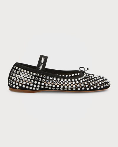 Shop Miu Miu Crystal Perforated Mary Jane Ballerina Flats In Nero