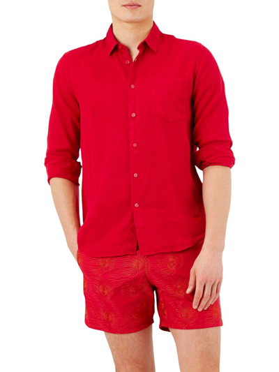 Shop Vilebrequin Men's Long-sleeve Linen Shirt In Bourgogne