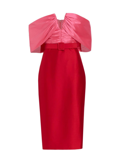 Shop Badgley Mischka Women's Two-tone Off-the-shoulder Cocktail Dress In Red Fuchsia