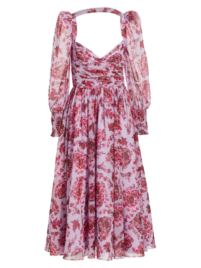 Shop Badgley Mischka Women's Floral Long-sleeve Midi-dress In Lilac Multi
