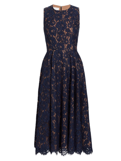 Shop Michael Kors Women's Lace Sleeveless Midi-dress In Navy Floral Lace
