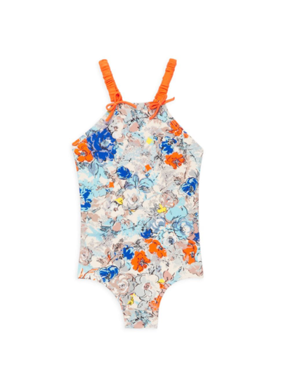 Shop Zimmermann Little Girl's & Girl's Clover Gathered Strap Swimsuit In Topaz Peony Floral