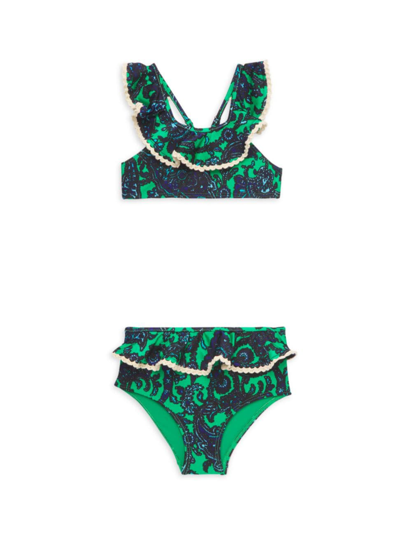 Shop Zimmermann Little Girl's & Girl's 2-piece Tiggy Scoopneck Ruffled Bikini In Navy Green Paisley