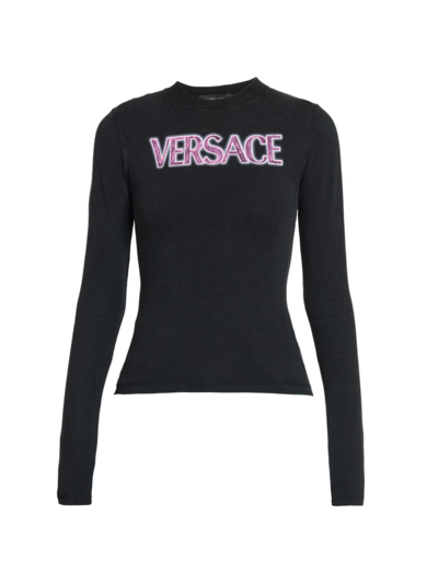 Shop Versace Women's Logo Long-sleeve T-shirt In Black Fuxia