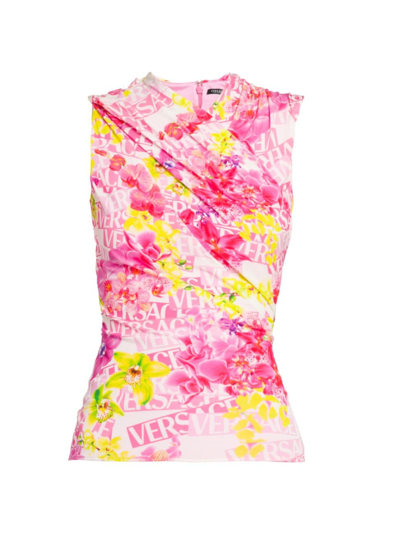 Shop Versace Women's  Orchid Crepe Top In White Pink