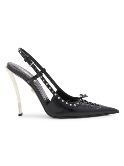 Shop Versace Women's Corset Pinpoint Leather Slingback Pumps In Black