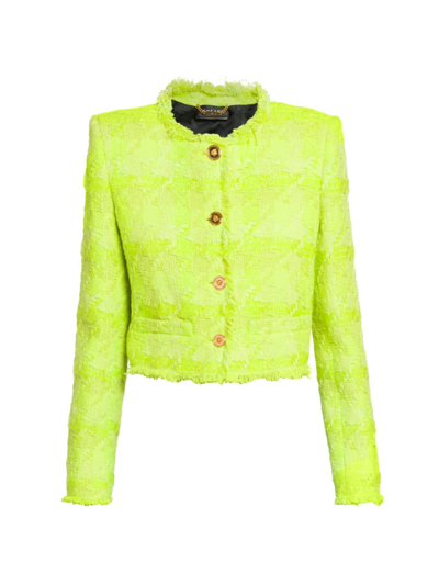 Shop Versace Women's Cropped Plaid Tweed Jacket In Acid Lime