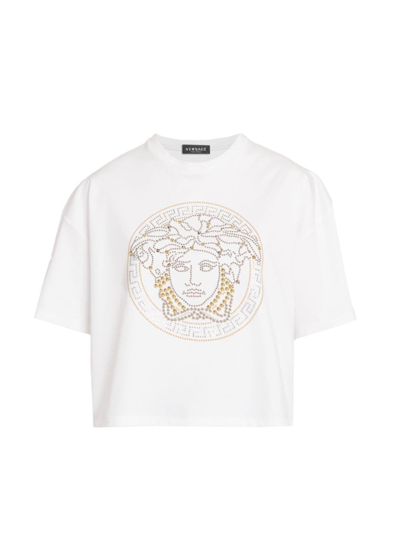Shop Versace Women's Studded Medusa T-shirt In Optical White