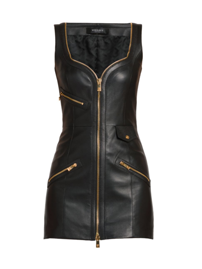 Shop Versace Women's Leather Zip-front Minidress In Black