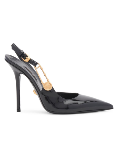 Shop Versace Women's Safety Pin Patent Leather Slingback Pumps In Black