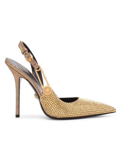 Shop Versace Women's Safety Pin Crystal-embellished Metallic Leather Slingback Pumps In Gold