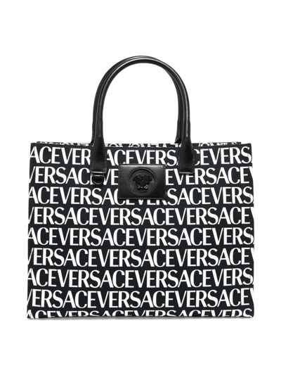 Shop Versace Women's Large Logo Canvas Book Tote In Black White