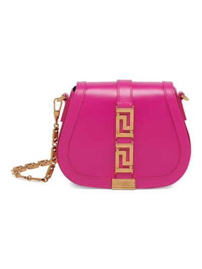 Shop Versace Women's Greca Goddess Leather Camera Bag In Glossy Pink